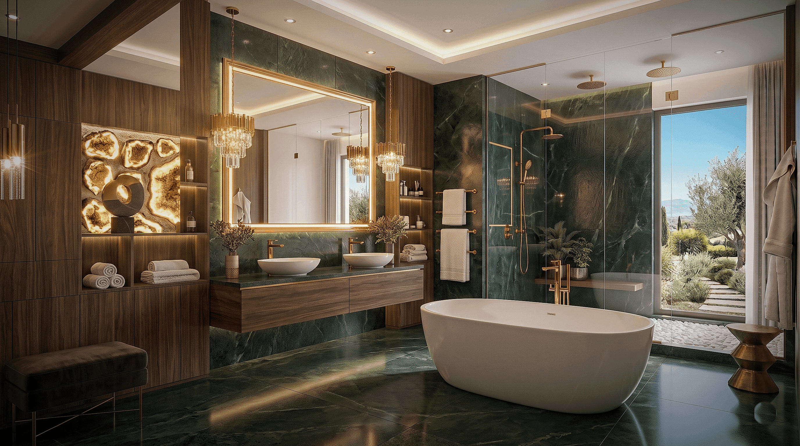 Opulent luxury master bathroom with emerald marble finishes, illuminated vanity, crystal chandeliers, and freestanding soaking tub